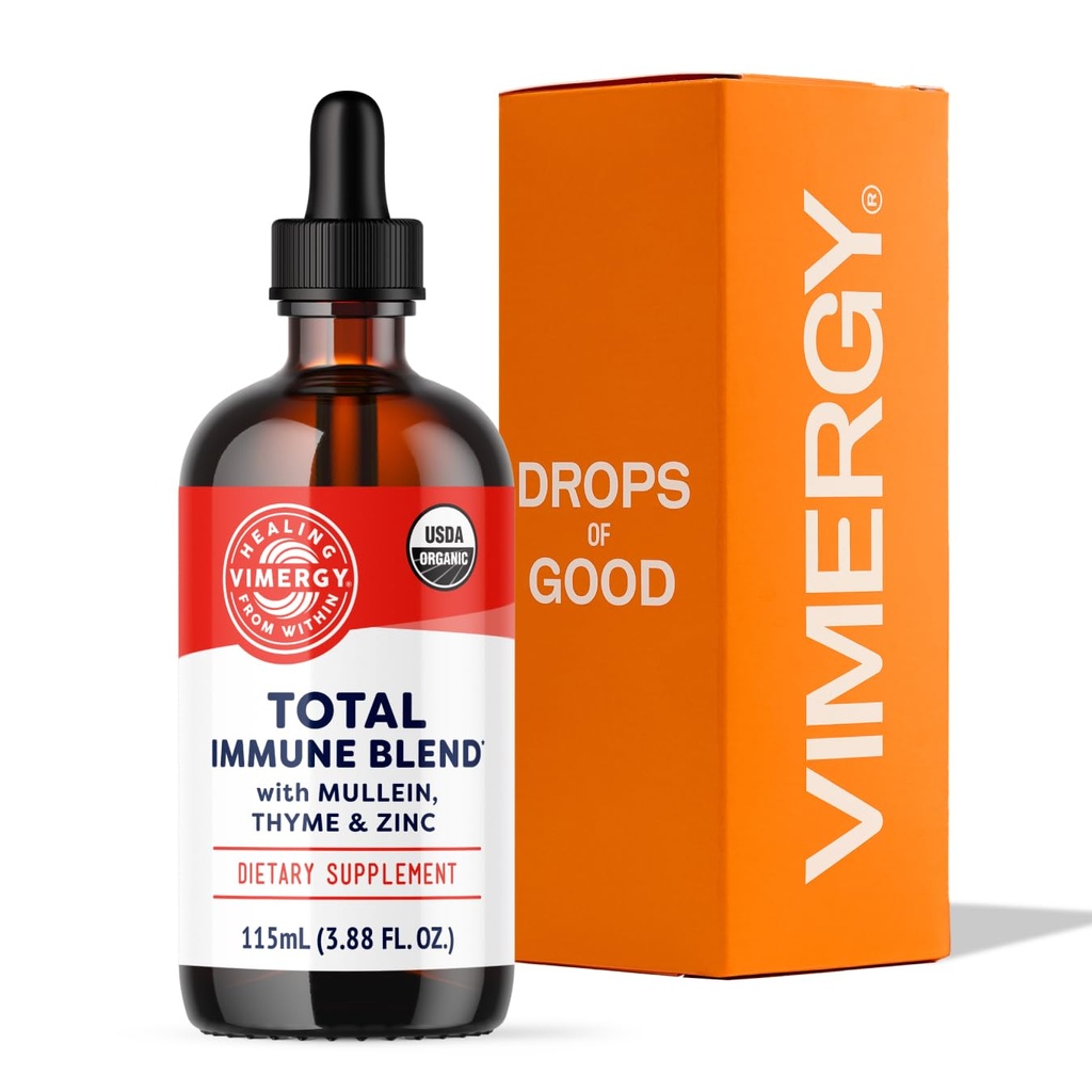 Vimergy Total Immune Blend * Suplemen Liquid, 57 Serbu-Menyerap Dukungan Imune - Semua Musim, Zinc, Thyme dan Mullein Drops Non- GMO, Vegan, USDA Organik, Dukungan kekebalan tubuh (115 mL)