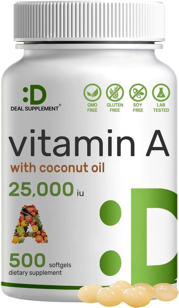 DEAL SUPLEMENT High Potency Vitamine A 25000 IU, 500 Coconut Oil Softgeels 124; Mudah Disorbed, Natural Fish Liver Oil Soil Sourine Sumber - Vitamin for Eye, Imune, & Skin Health - Mudah ditelan, Non-GMO