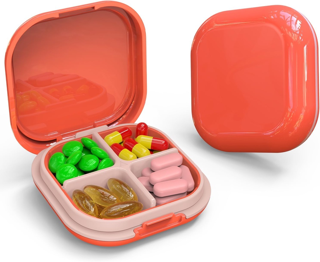 Daily Pill Organizer 4 Kompartemen, Kotak Pil Kecil Kasus Pill Portable, Mini Pill Container untuk Pocket Purse, Compact Travel Medicine Organizer untuk Vitamin, Cod Liver Oil, Suplemen (Pink)
