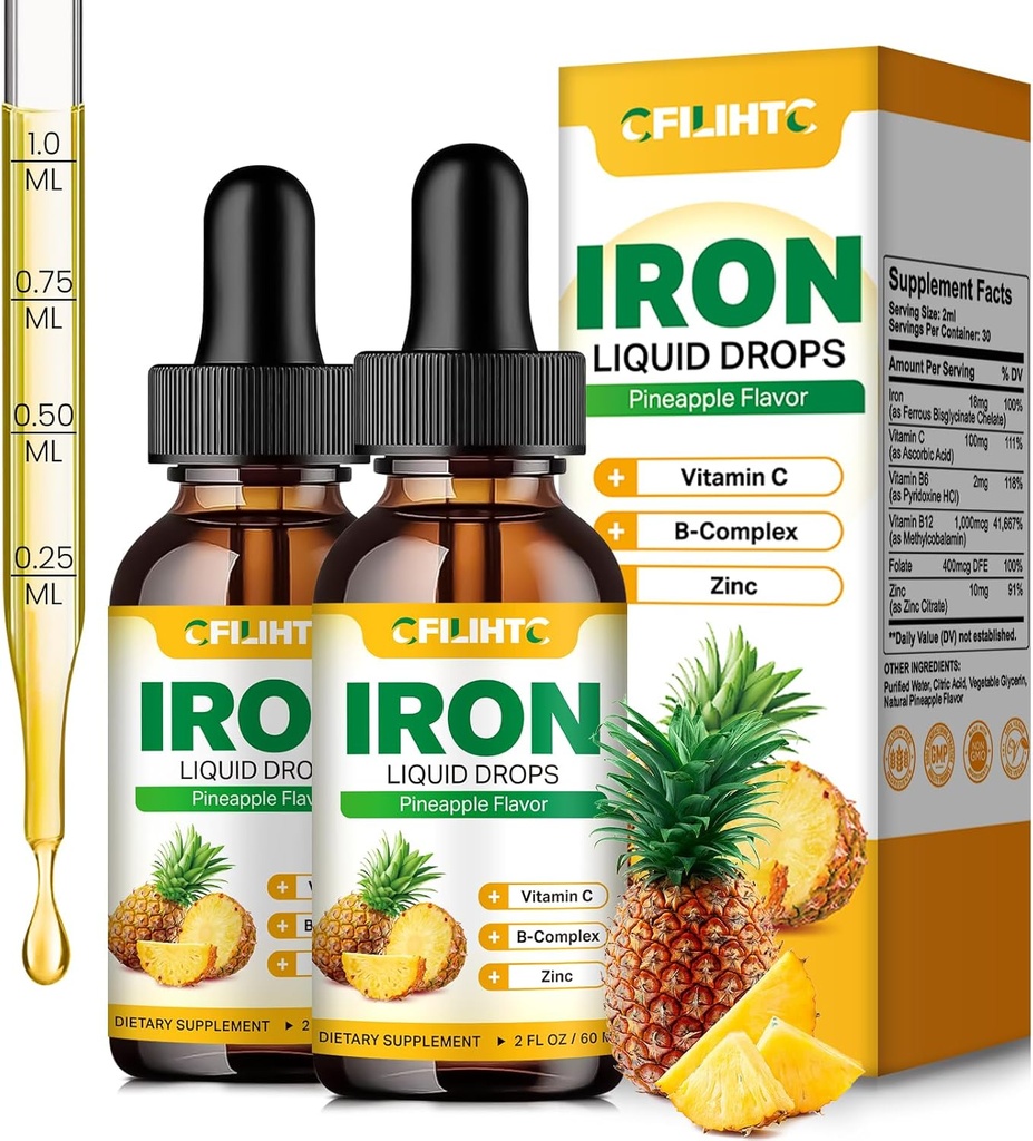 Tambahan Besi Liquid untuk Pria Perempuan & Anak-anak Multivitamin Besi Drops dengan Flolate, Vitamin C, B6, B12, Zinc untuk Anemia, Deficiency Besi, Pembangunan Darah, Energi