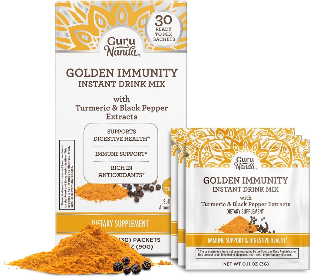 GuruNanda Golden Immunitas Minum Mix Instant with Turmeric & Black Pepper - Rich in Antioksidants untuk mendukung Immune System & Digetical Health - Saffron & Almond Flavored, On- TheGo Sachets (30 Count)