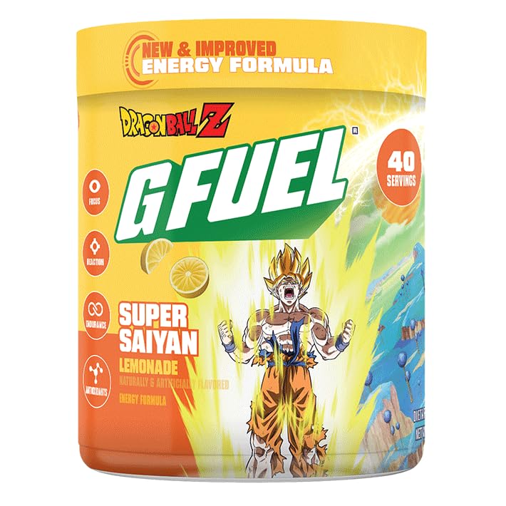 G Fuel Dragon Ball Z Energy Powder, Pre Workout Caffeine Mix for Gaming, Sugar Free Focus Amino, Vitamin + Antioksidants, 9.9oz (Lemonade, 40 Pelayan)