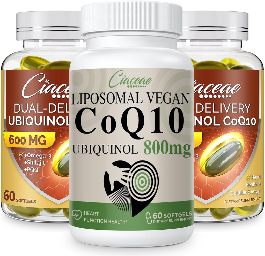 Lipomal CoQ10 800mg 1PCS Bundle dengan Ubiquinol CoQ10 600 MG Softgels dengan Omega-3 & Shilajit & PQ 2PCS