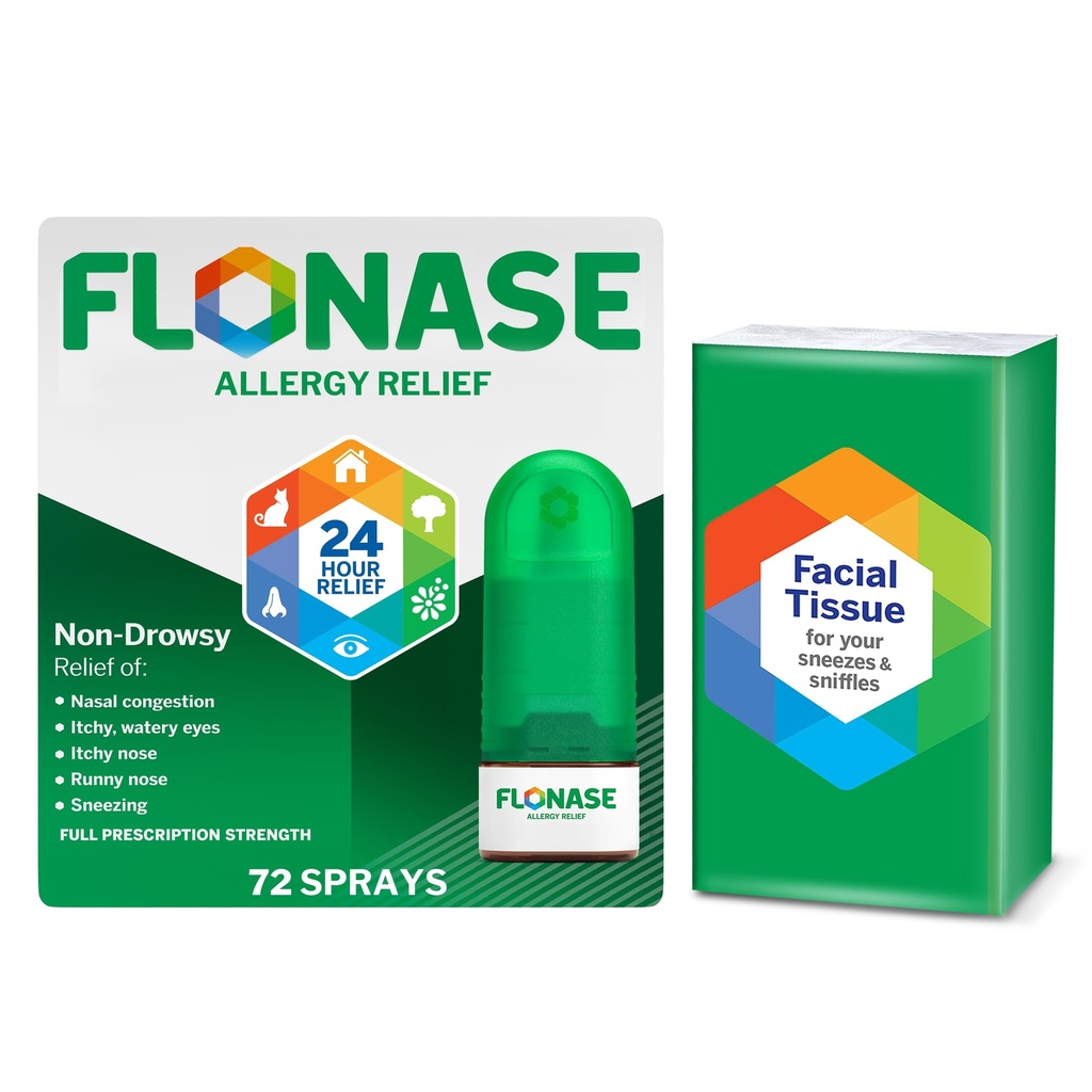 "Flonase Allergy Relief Nasal Spray, 24- Hour Non-Drowsy Multi- Symptom Relief - 72 Spray plus Bonus Pack of Tonsses"