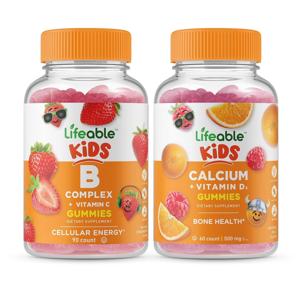 Lifeable B Complex Kids + Calcium with Vitamin D Kids, Gummies Bundle - Great Tasting, Vitamin Supplemen, Gluten Free, GMO Free, Chewable Gummy