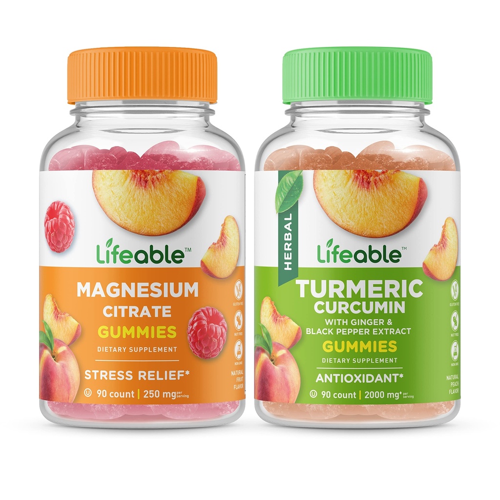 Lifeable Magnesium 85mg + Turmeric Curcumin, Gummies Bundle - Great Tasting, Vitamin Suplemen, Gluten Bebas, GMO Bebas, Gummy Chewable