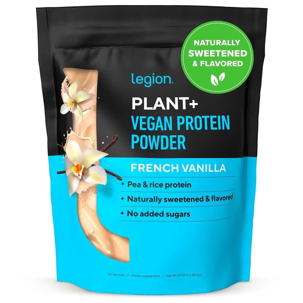 Legion Plant + Vegan Protein Powder, Vanilla - Rice dan Pea, Plant Based Protein Blend. Gluten Free, GMO Free, Alami Sweetened and Flavored, 20 Pelayan (Vanilla)