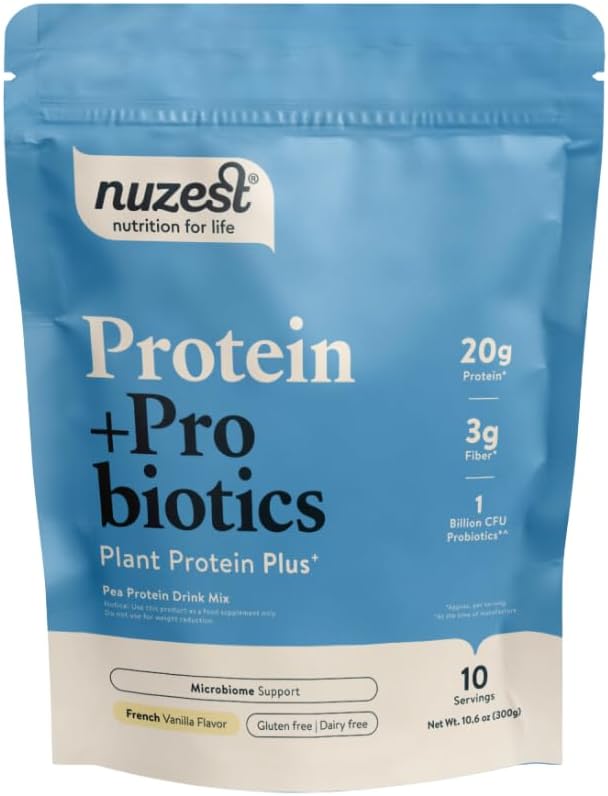 Nuzest - Protein + Prograin- Gut Health - Superfood Powder Protein Blend - 300g / 10,6 oz Pouch (10 Pelayan) (French Vanilla, 300g)
