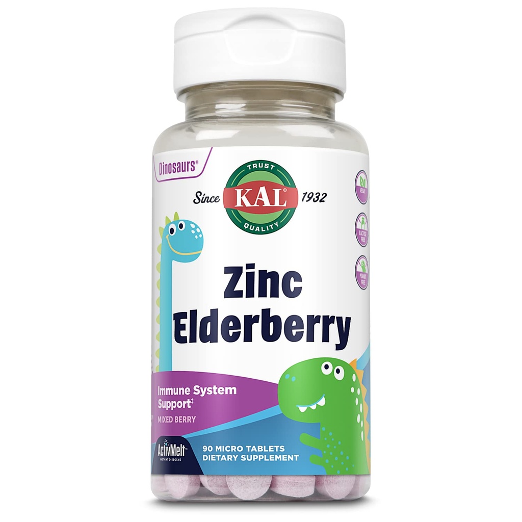 KAL Kids Zinc Elderberry Dinosaurus, Suplemen Dukungan Imune * untuk Anak-anak w / Sambucus Elderberry, Pengaruh Campuran Cepat Berry AktivMelts, Fun, Tasty Dino Shape, Vegan, 90 Servings, 90 Micro Tablet