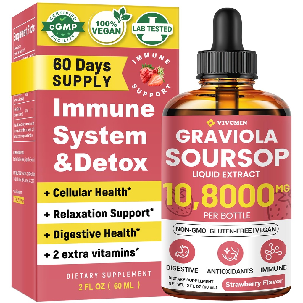 Liquid Graviola Soursop Extract - Soursop Bitters Liquid, Dukung Imune, Relax, Liver and Sleep, Sugar & Alcohol- Free, Alsorbable Formula, Strawberry Flavor, 2 Fl Oz