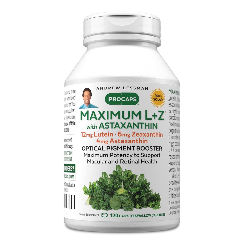 ANDREW LESSMAN Maksimum L + Z dengan Astaxanthin 120 Softgels - 12mg Lutein, 6mg Dalxanthin, 4mg Astaxanthin. Key Nutrients untuk Mendukung Kesehatan Mata dan Otak, dan Vision Sehat Proyektif.
