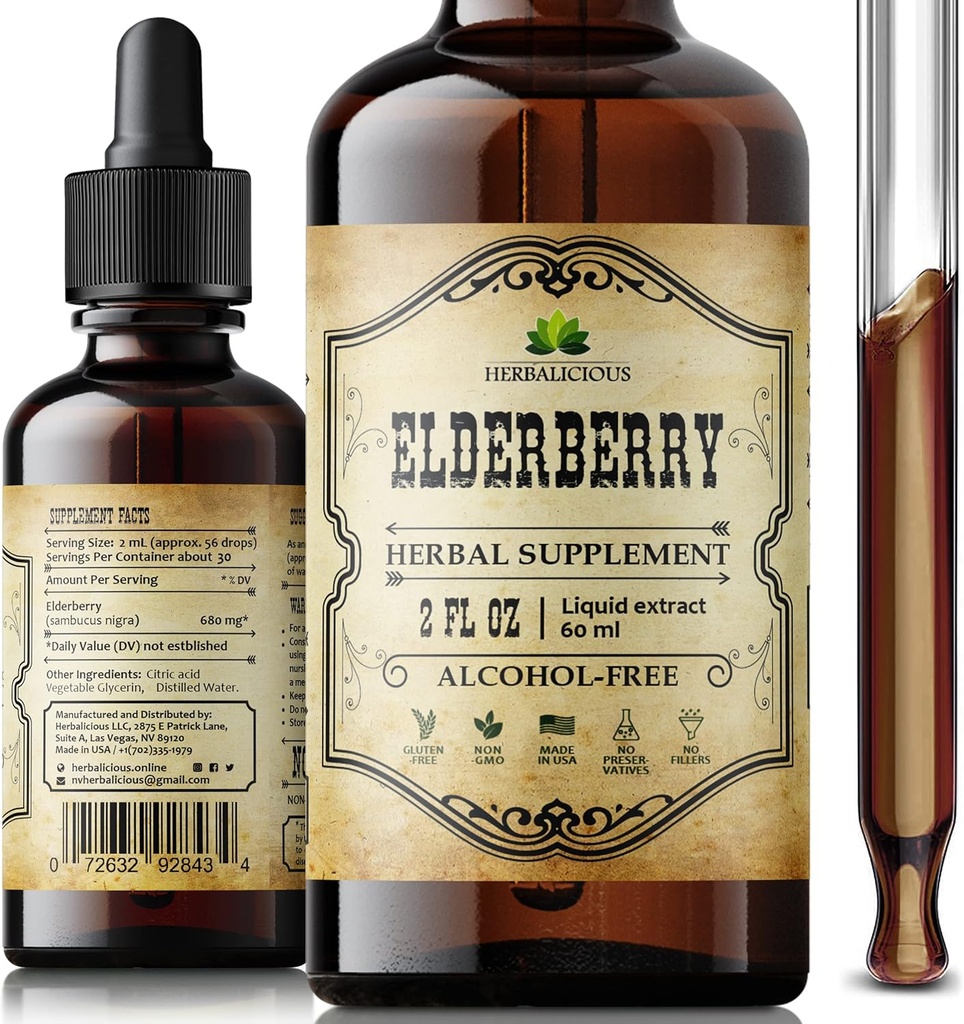 Ekstrak Elderberry Organ Hitam - Tambahan Elderberry Herbal - Ammune Boosters untuk Dewasa, Digetical & Heart Dukungan - Antioksidants, Vitamin C & Fiber - 2 oz Liquid untuk Pria & Perempuan