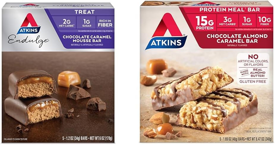 Atkins Endulge Chocolate Caramel Mousse Bar, Favorit Dessert, 1g Sugar, High in Fiber, 5 Count & Chocolate Almond Caramel Bar, Keto- Friendly, Gluten Free with Real Almond Butter, 5 Count (Pack of 1)