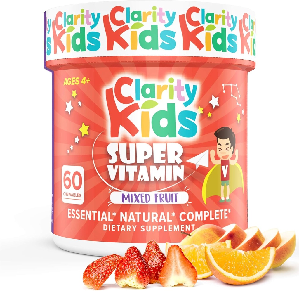 Clarity Kid Super Vitamin Multivitamin untuk Anak-Anak 124; Vitamin C, Vitamin D, & Zinc 124; All Natural Chewable for Child Ammune Suppore Support Gib124; USA Made Supplemen 124; 60 Piece (30 Hari Suply)