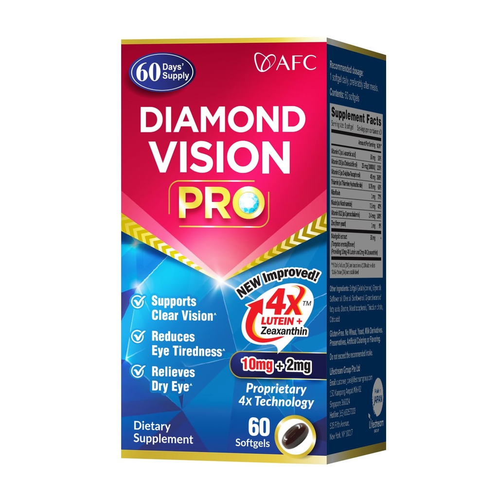 AFC Japan Diamond Vision PRO - Imprected, Up- Sized Formula - Lutein & Iexanthin 4X dengan Eye Vitamin Health Suplemen Visual untuk Orang Dewasa, Screen Exposure, Night Use, 60 Softgels