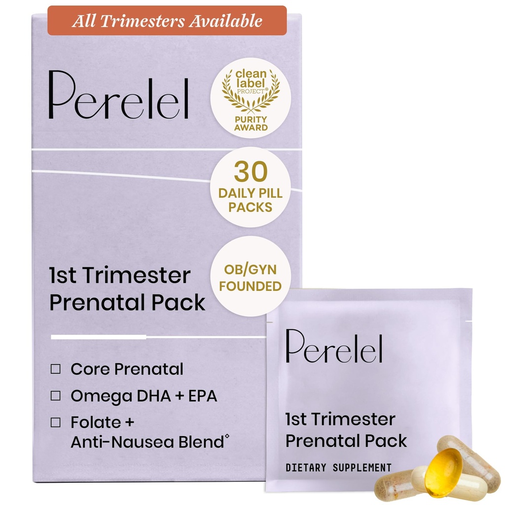 Perell 1st Triemester Prenatal, Multivitamin with Flolate, Vitamin D, Omega 3, Iron & Ginger, Dukungan Nutres untuk Kehamilan Awal, Soy & Gluten Bebas, Non GMO, 30 Packs Pil Harian