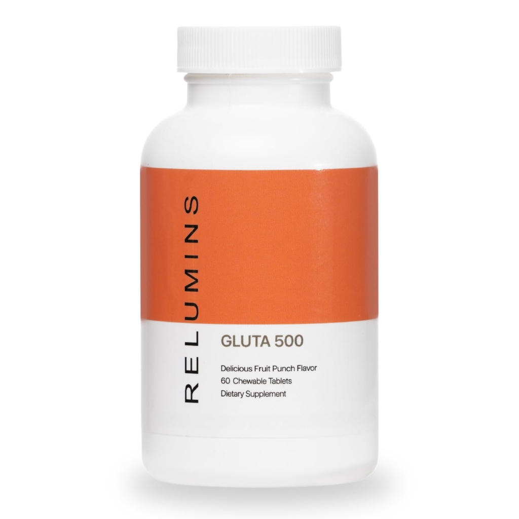 Ritumin Gluta 500 Tablet Chewable dengan Glutathione, Acid Hyaluronic, Vitamin C, Biotin & Collagen - Mendukung Skin Tone & Glow - Fruit Punch Flavor - Dibuat di USA - 60 tablet