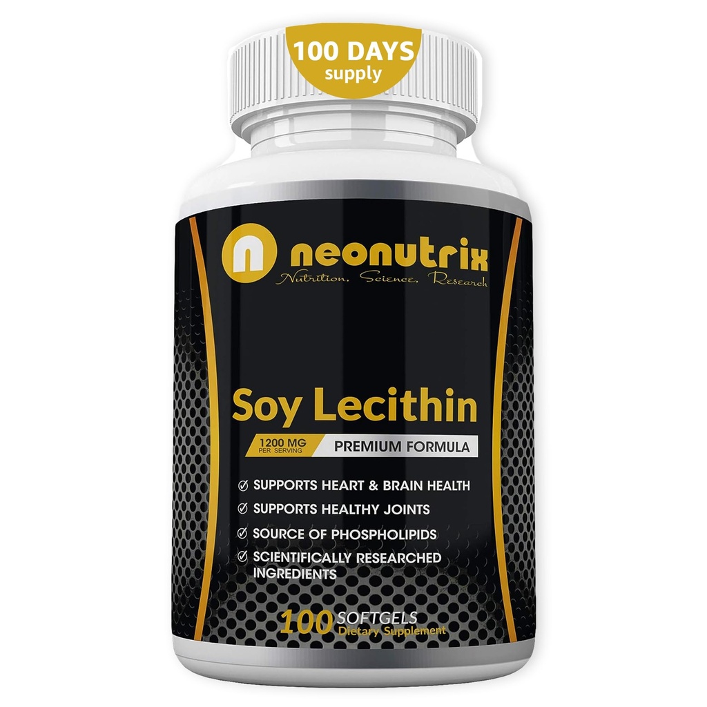 Soy Lecithin Capsules 1200mg (Satu hari, 100 Softgels) Suftgels Supplication Kaya di Phospholipids Support Metabolisme, Brain & Heart Health & Cell Functions Made in The USA Nor-GMO by Neonutrix