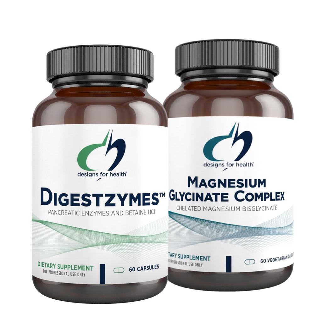 Design for Health Magnesium Glycinate Complex (60 Capsules) & Digestzymes (60 Capsules) Bundle - Enzymes Digevital for Occasional Gas & Bloating with High Absorpsi Magnesium Suplemen