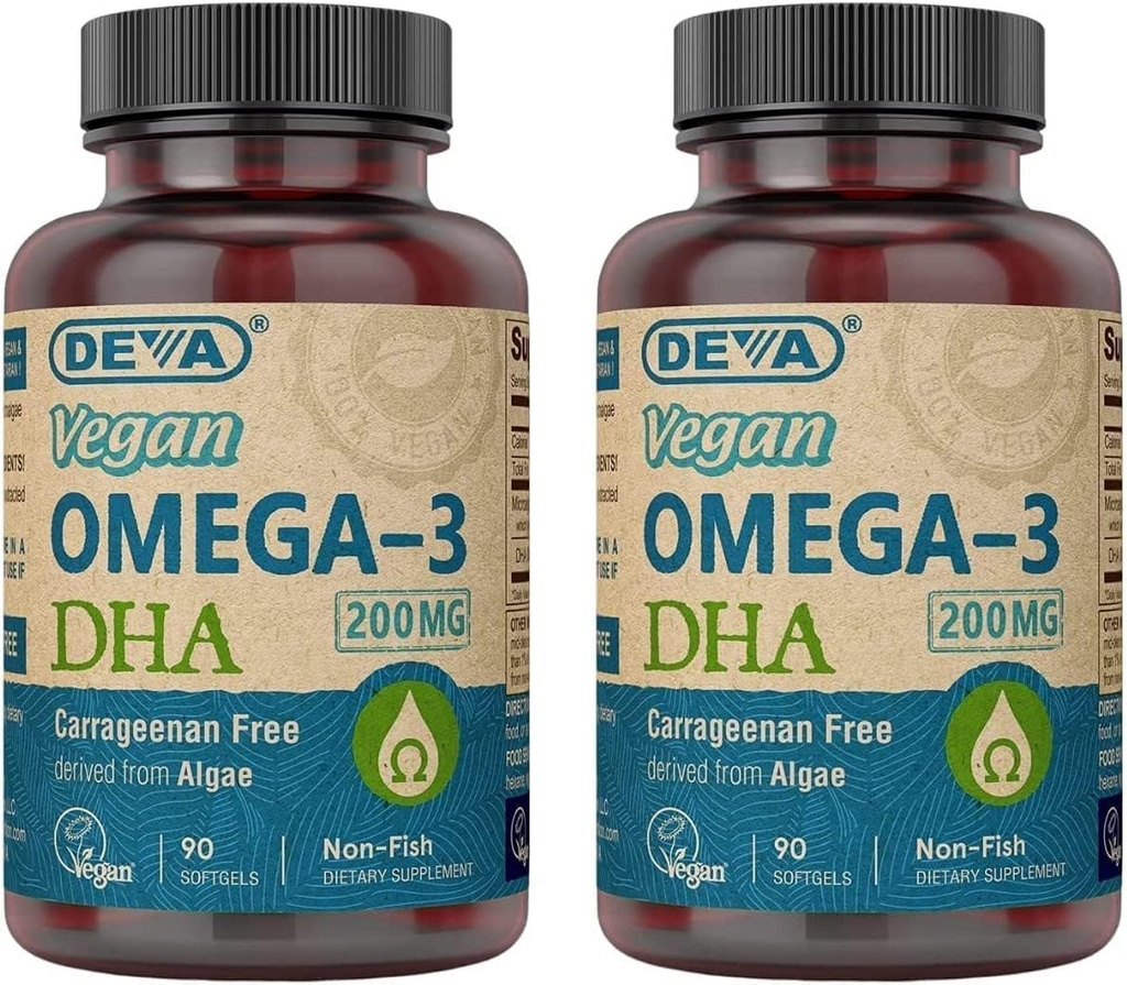 DEVA Vegan Omega-3 DHA Tambahan - Satu hari Softgels 200 MG - Carrageenan Bebas - Gelatin Free - Non-Fish - Algae Omegaga- 3 Acids Gendut - 90 Softgeels (Paket 2)