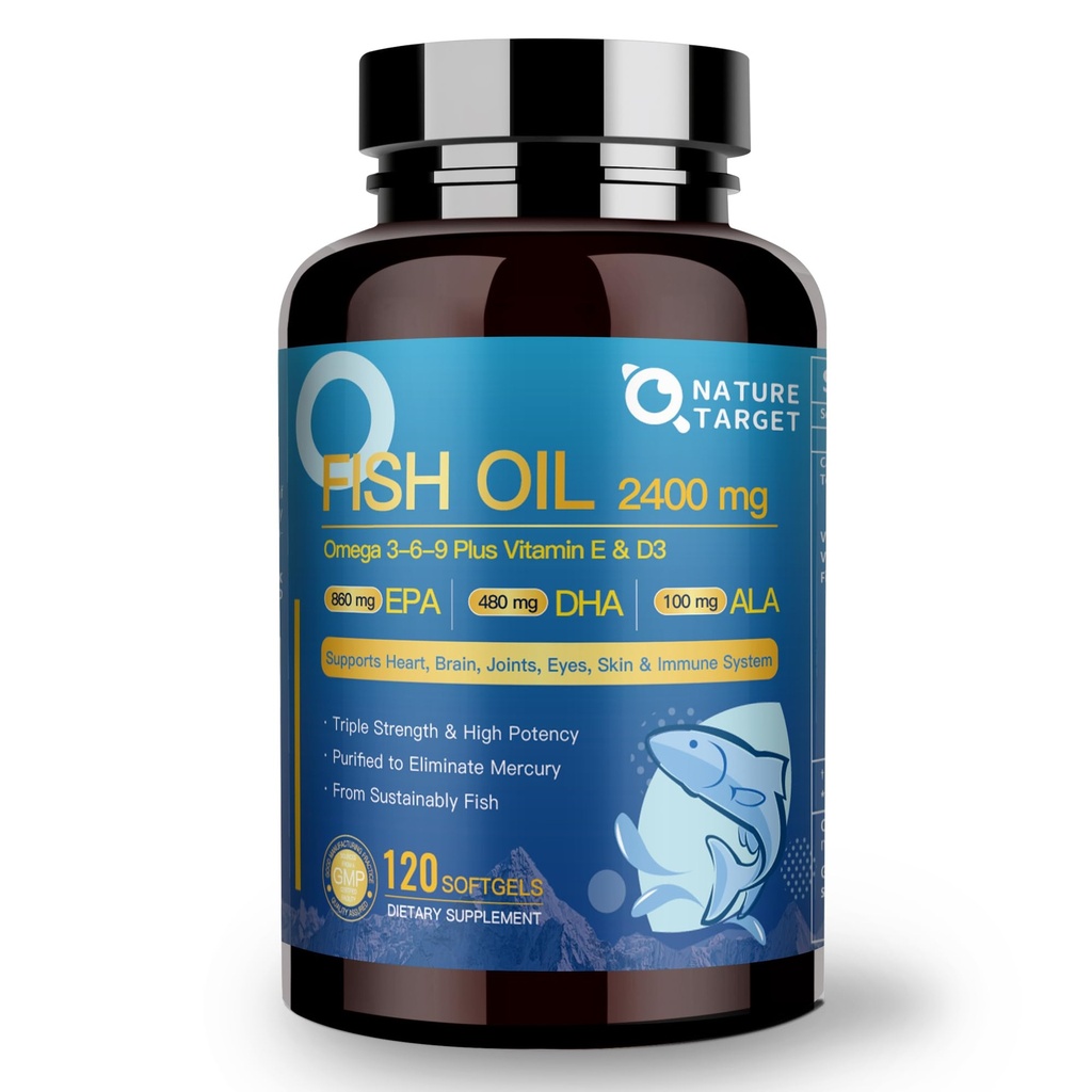 NATURE TARGET Triple Omega 3 6 9, Fish Oil 2400mg Softgels with Vitamin D3 & E - EPA & DHA & ALA - Support Heart, Brain, Gabungan & Imune Health, Sumpably Diberi, Non-GMO