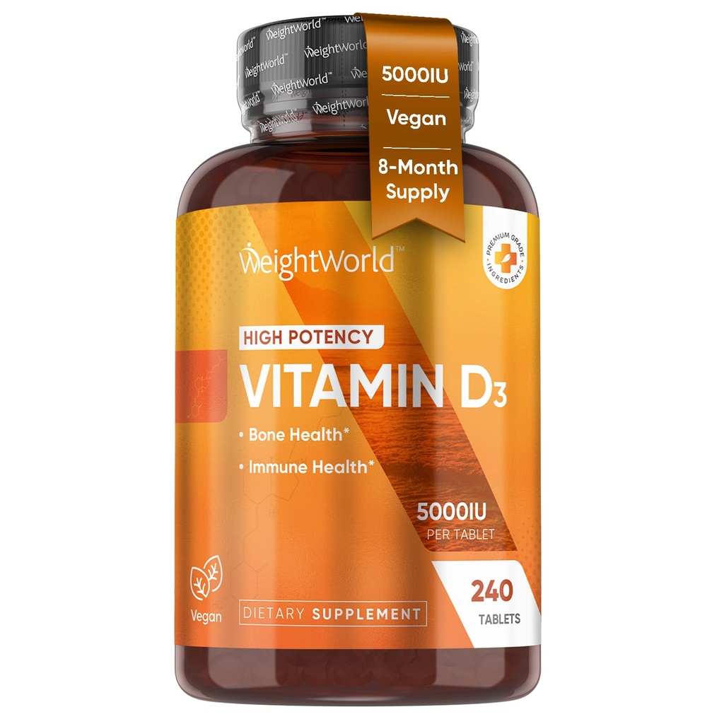 WeightWorld Vegan Vitamin D3 5000 IU - Sourced from Wild Harowed Lichen - Vitamin D Suplemen dari Bioavailable Cholecalferol - 240 Vitamin D3 Tablet - Gluten- Free & Allergen- Free