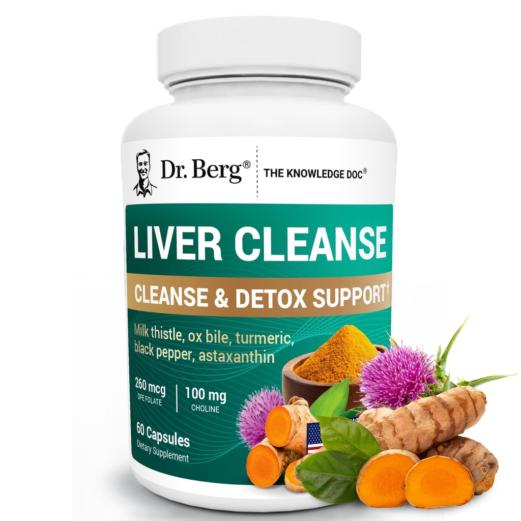 Dr. Berg Liver Cleanse Detox Capsules w / Unique Blend of Milk Thistle, Ox Bille & Flounder - Tambahan Hati Termasuk Turmeric, Black Pepper & Choline - 60 Capsules