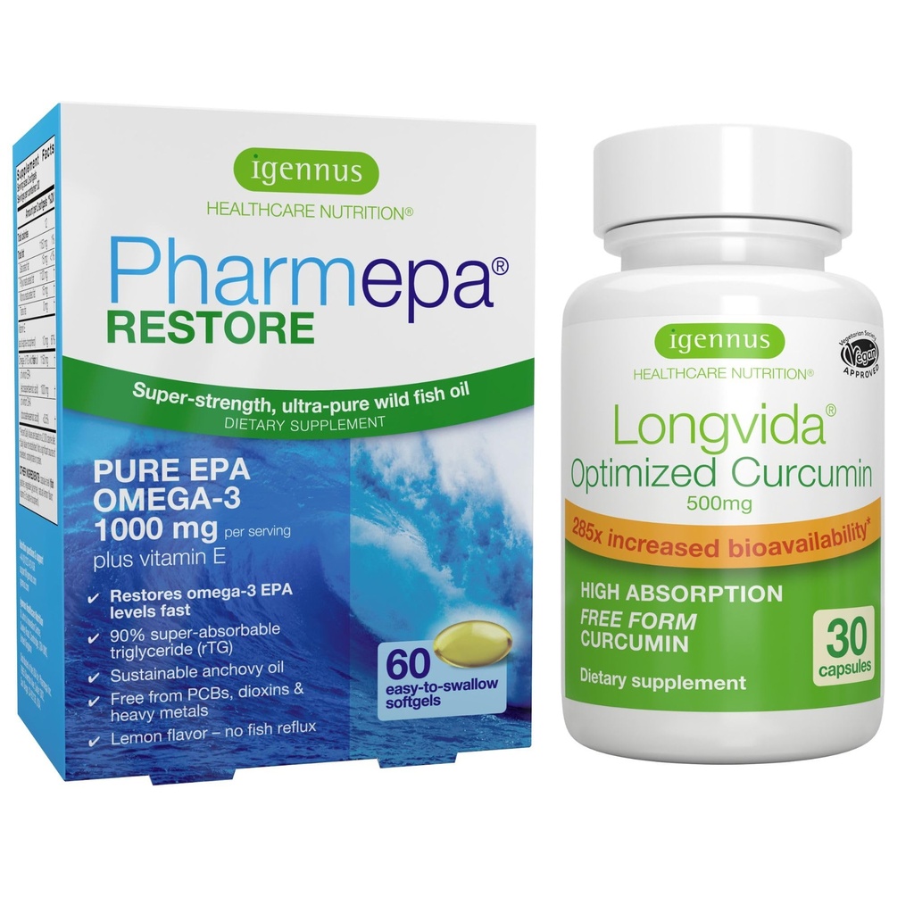 Pharmepa Restore & Longvida Lipidated Curcumin 500mg Bundle, 100mg Pure EPA Omega-3 Minyak Ikan & Ultra Bioavailable Curcumin, by Igennus