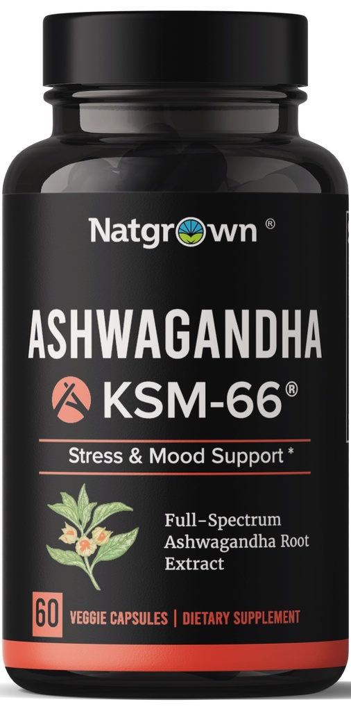 Natgrown Ashwagandha KSM 66 Tambahan 600 mg - Stress, Mood, & Athletic Dukungan - Organik KSM66 Root Extract dengan 5% Withanolides - Vegan Capsules - 60 Count