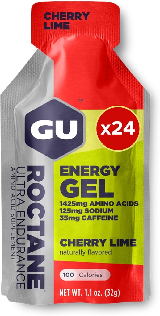 GU Energy Roctane Ultra Endurance Energy Gel, Vegan, Gluten- Free, Kosher, and Dairy-Free On- TheGo Olahraga Nuklir, Biking, Hiking, 24- Count, Cherry Lime