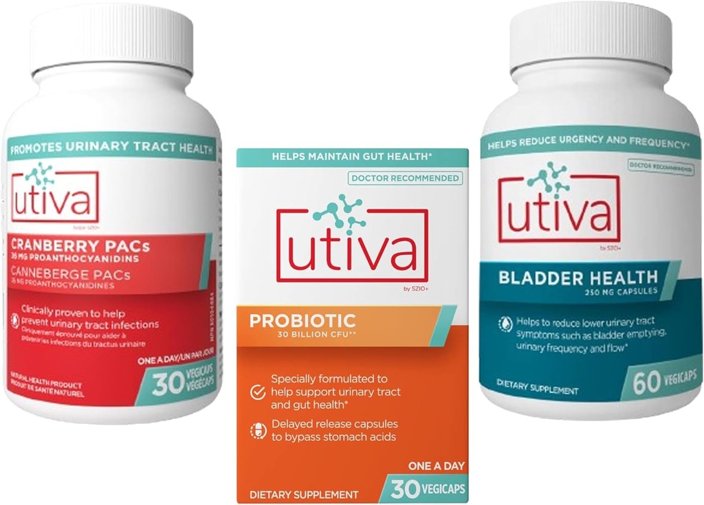 15% Bundle Utiva Cranberry Pac Suplement for Urinary Trakt Health 30 Vevai Capsule + Utiva Probiotic for Gut and Urinary Track Health 30 Delayed Deserve Veg + Utiva Bladder Health 60 Capsule