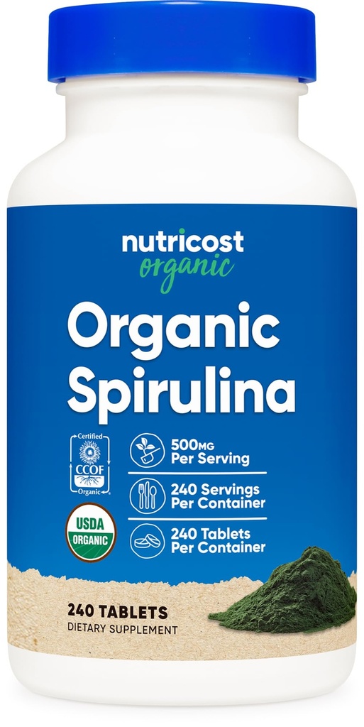Spirulina Organik biaya 500mg, 240 tablet - Gluten Bebas, Non- GMO