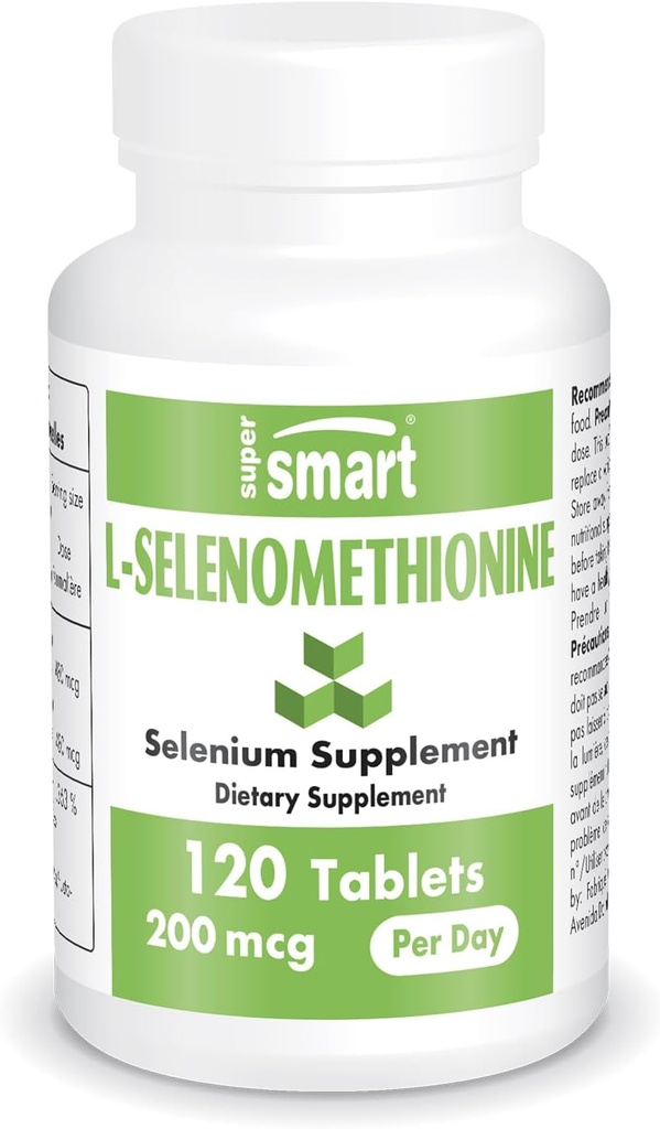SuperSmart - L-Selenomethionine 200mcg per hari (Tambahan Selenium) - Penyerapan Tinggi - Menelusuri Mineral 126; Non-GMO & Gluten Bebas - 120 Tablet
