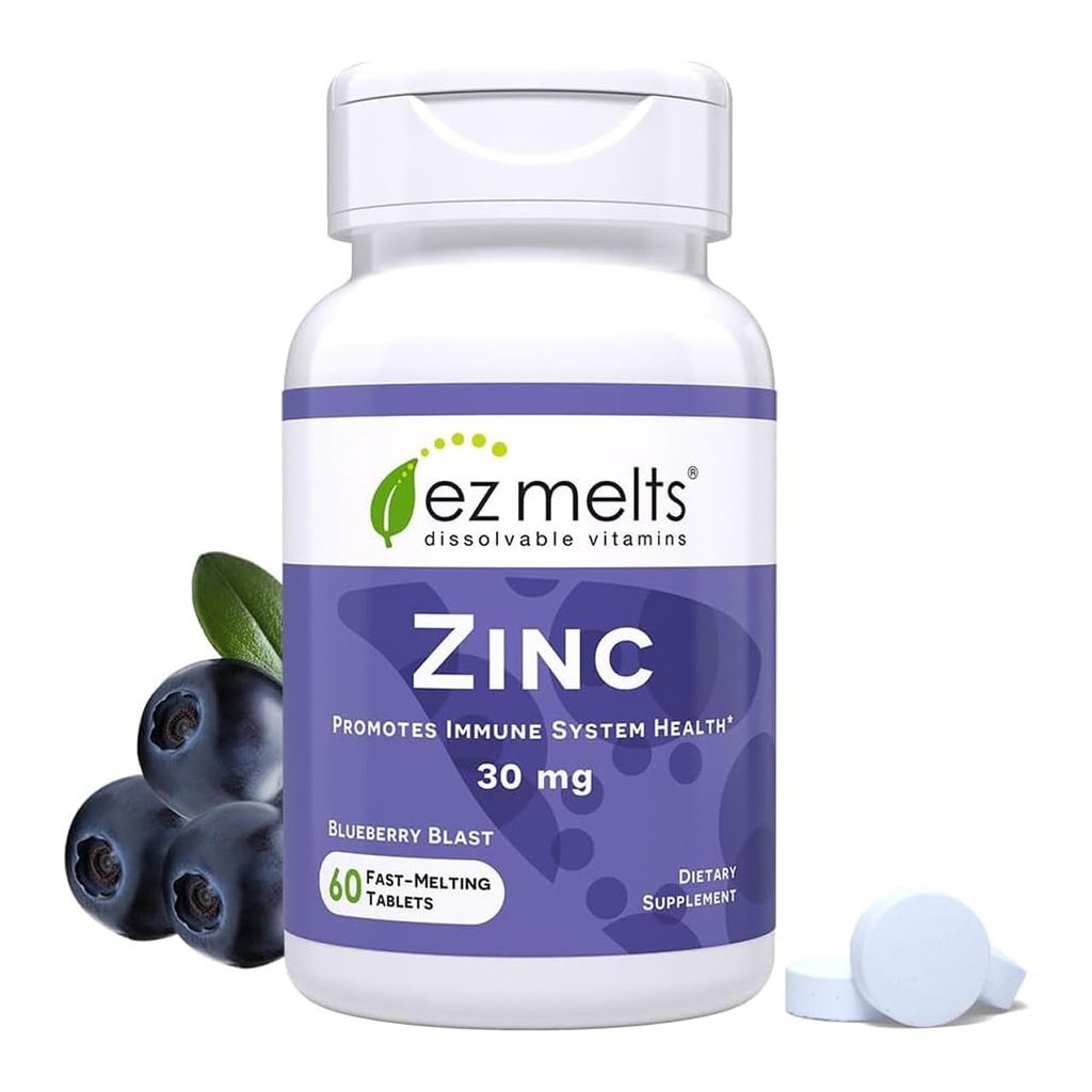 EZ Melts Zinc - Tambahan untuk Imune, Digeptical & Skin Health Support - Non-GMO, Vegan & Gluten- Free - Blueberry Blast - 60 tablet Dissolable (60 Pelayan)