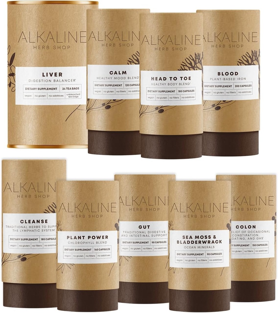 Alkaline Herb Shop Tubuh Essentials Bundle - Sea Moss & Bladderwrack, Chlorophyll, Iron, Happy Heally Body, Happy Colon, Happy Lymph, Gut, Happy Liver Tea dan Happy Mood