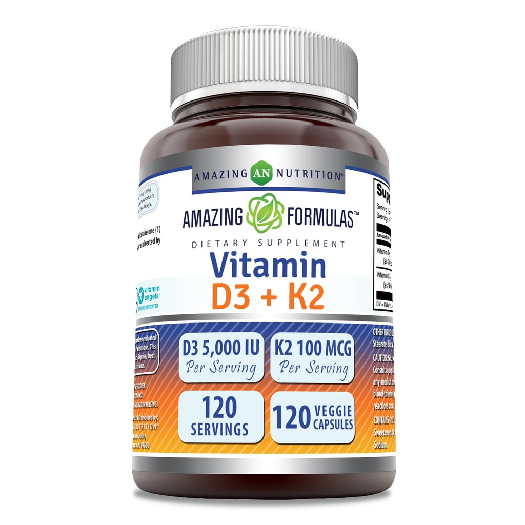Amazing Formulas Vitamin D3 5000 IU dengan Vitamin K2 100 Mcg 124; 120 Vevgie Capsules Supplement Non-GMO 124; Gluten Free 124; Made in USA