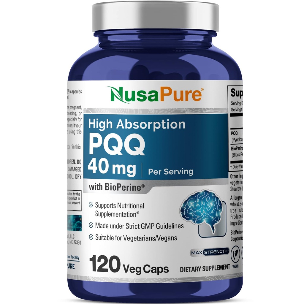NusaPure PQQ Suplement 40 mg, 120 Veggie Capsules, Non- GMO, Pyrrroloquinoline Quinone Disodium Salt, Bioperin