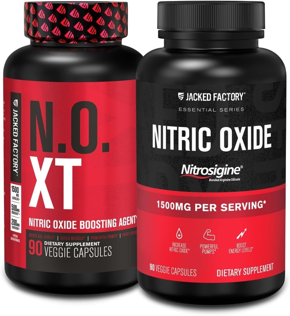 Jacked Factory N.O. XT Nitric Oxide Suplement (90 Kapsul) & Nitroigin L- Arginine Nitric Oxide Booster (90 Capsules) for Muscle Growth, Pumps, Vasculity & Energy