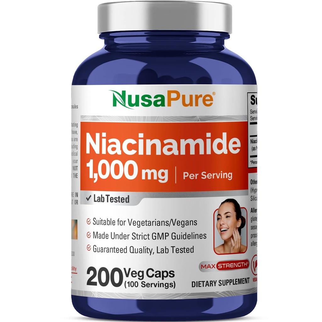 NusaPure Niacinamde 1000mg 200 Veggie Capsules (Non- GMO, Vegan) Flush Free