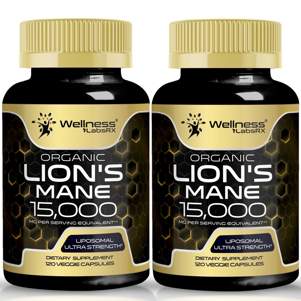 Lions Mane Suplement Capsules - 120 Count - Suplemen Jamur, Suplemen Otak untuk Memori dan Fokus, Katup Jamur Mane Singa - Kognitif & Imune Dukungan, Suplemen Fokus - 2 Pack