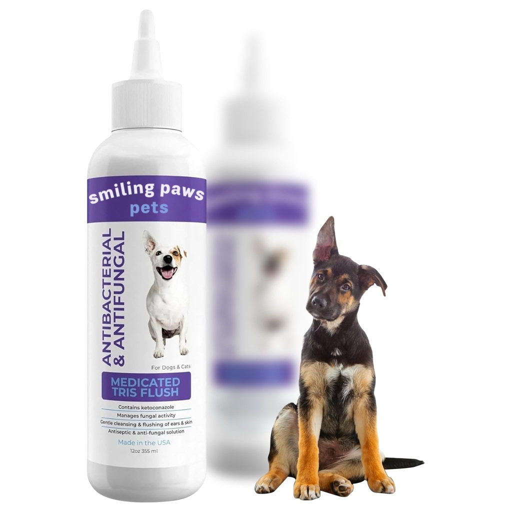 Smiling Paws Pets Medici Tris Flush Dog Ear Cleaner Sotion and Infeksi Treatment for Dogs and Cats Ear Flush for Dogs Ear Cleaner for Dogs & Cats - Cat & Dog Ear Wash Berisi Berisi Berisi Ketoconazole 12oz