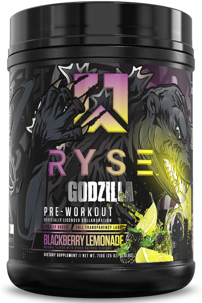RYSE Godzilla X Noel Deyzel Pre Workout Powder - BlackBerry Lemonade - 400mg Caffeine, High Stim Pre-Workout for Men & Women with Citrulline & Beta Alanine - Energy, Pompa & Focus