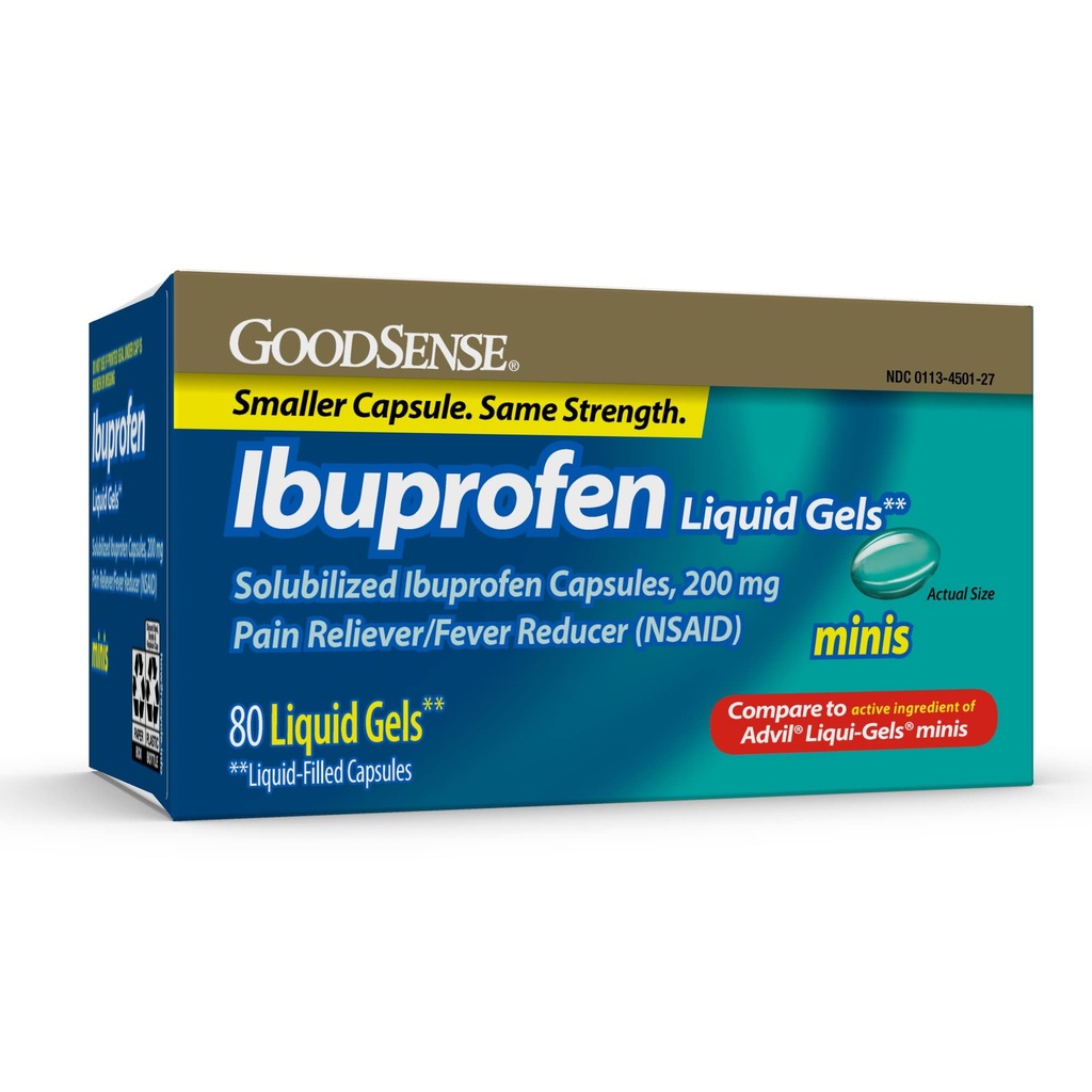 GoodSense Ibuprofen Mini Liquid- Gels, 200 mg, Liquid-Filed Capsules, Pain Reliever dan Fever Reducer, 80 Count