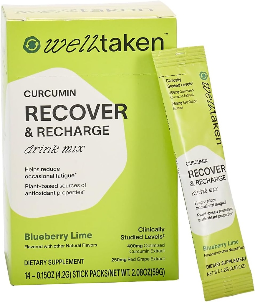 Turmeric Curcumin Reciver Powder - Blueberry Lime, 14ct Box - 400mg Optimated Curcumin, Peccate, Red Grape - Membantu Mengurangi Fatigue Occasional - Vegan, 14 Servings