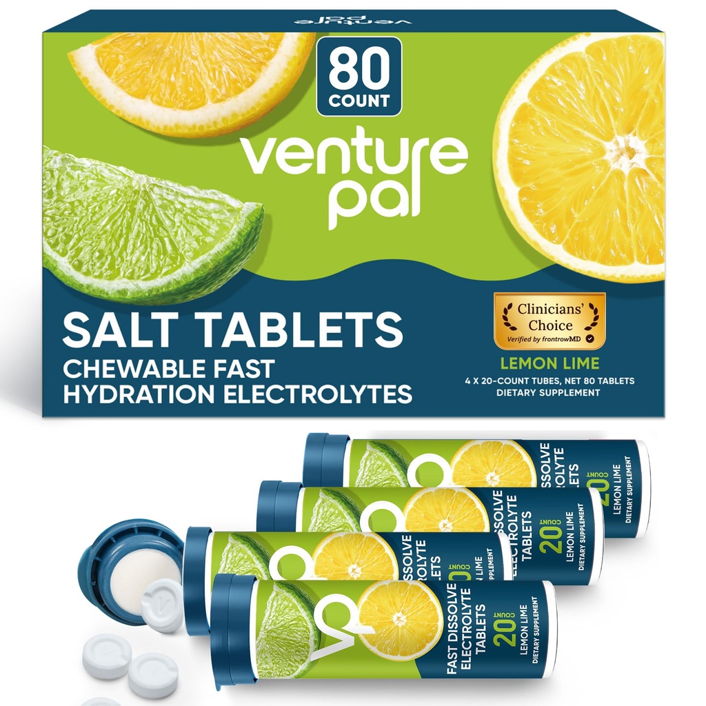 Venture Pal Chewable Electrolite Tablet, 80 Count Fast-Dissolve Sugar- Free Stick Salt Tablets - Variety Pack untuk Hidration Rapid, Outdoor Running, Hiking, Olahraga 124; Keto & Vegan Friendly 124; 4 Pack