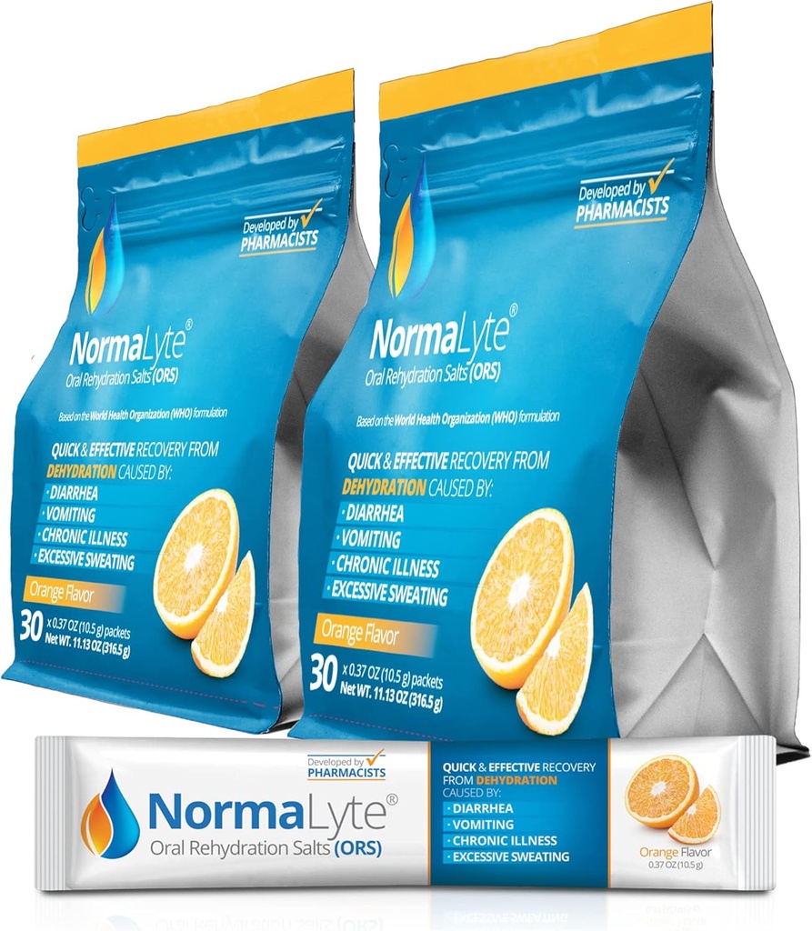 NormaLyte Oral Rehydration Salts -2 Pouches - 60 Sticks (Yields 500mL per Pack) -Orange Alag4; Energy Suplemen Poterial, Dehidtion Recovery dan Quick Absorpsi