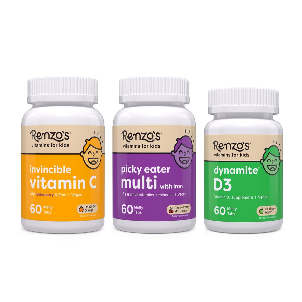 Renzo 's Vitamin Immunity Builder Bundle - Vitamin C dengan Elderberry & Zinc untuk Dukungan Imune, Anak-Anak Picky Eater Multivitamin, dan Vitamin D3