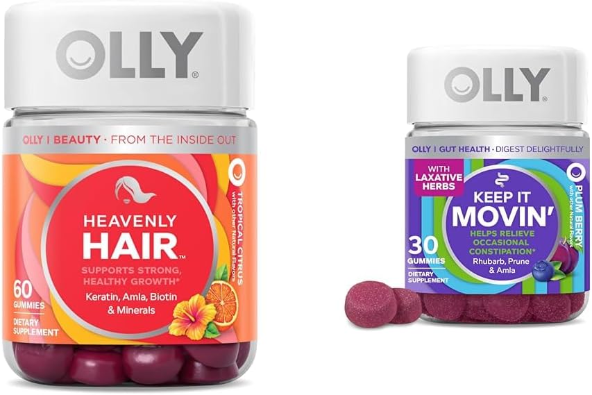 Gummies Rambut OLLY dengan Kertin & Biotin dan Gummies Pelepasan Sembelit dengan Rhubarb & Prunes - 60 + 30