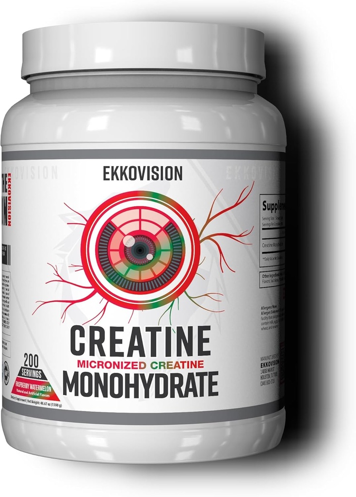 Ekkovision Creatine Monohydrate Powder, Micronized, Raspberry Watermelon, Pra & Post Workout Suplemen untuk Pria dan Wanita, Dukungan Energi, Mudah untuk Mix di Shakes, Smoothies & Beverage, 200 Hamba