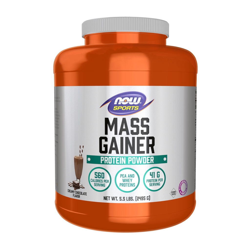 NOW Foods Sports Mass Gainer Protein Powder, Creamy Chocolate Flavor, Pea and Whey Protein Blend, 5,5 pon.